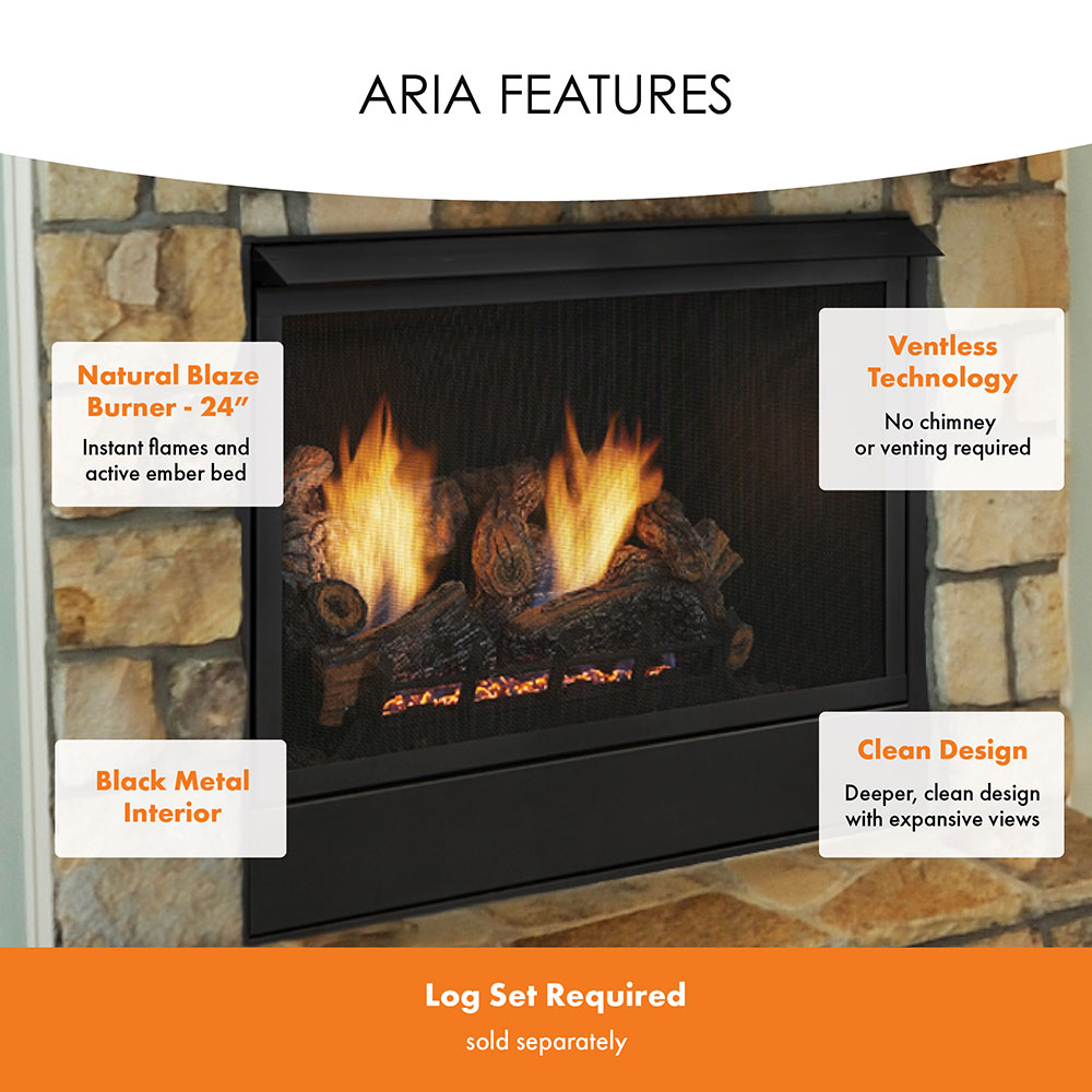 Ventless fireplace front with black interior panel and burning gas logs