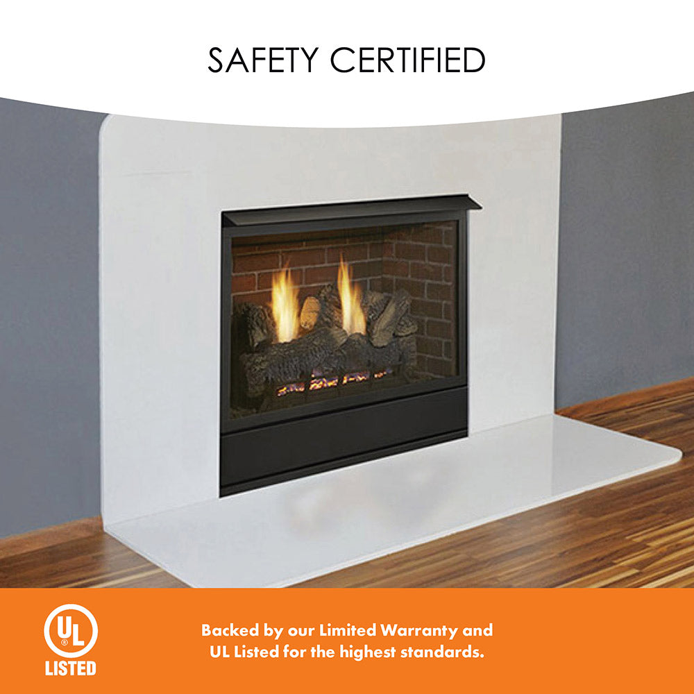 Ventless fireplace recessed in a white wall with a black firebox and burning logs