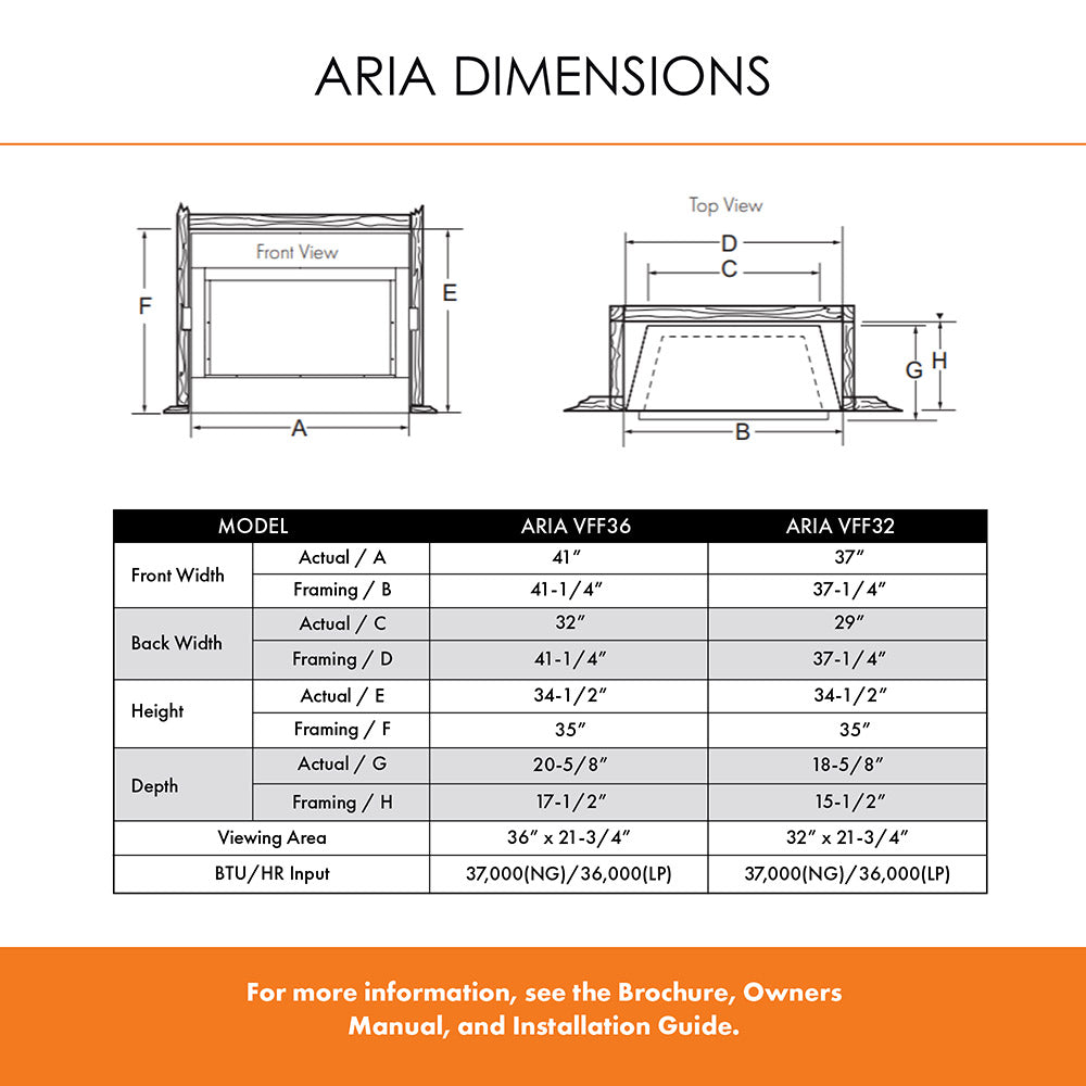 Ventless fireplace dimensions chart with model size table and viewing area measurements
