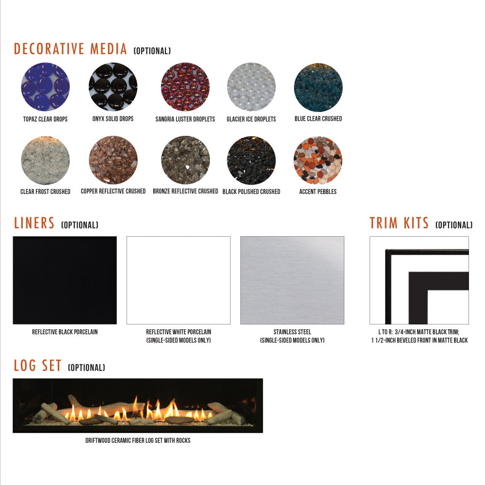 Ventless fireplace accessory chart with liners, trim kits, and log set options