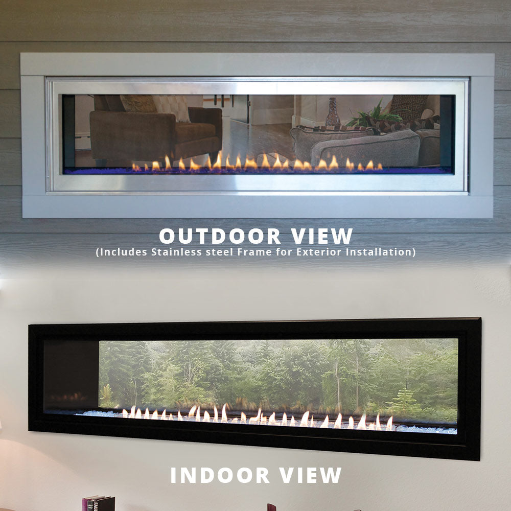 Linear ventless fireplace shown in outdoor and indoor views with glass flames