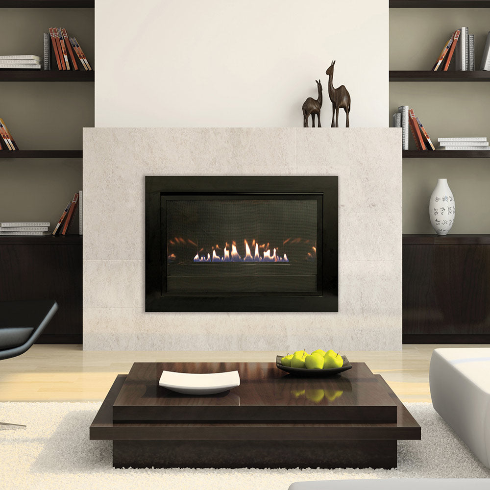 Rectangular black ventless fireplace insert with flame window and reflective liner