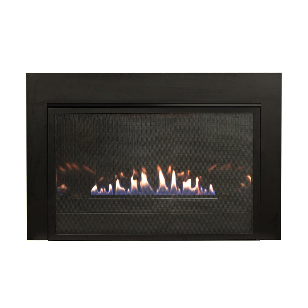 Black fireplace insert with glass viewing panel and burning flame display