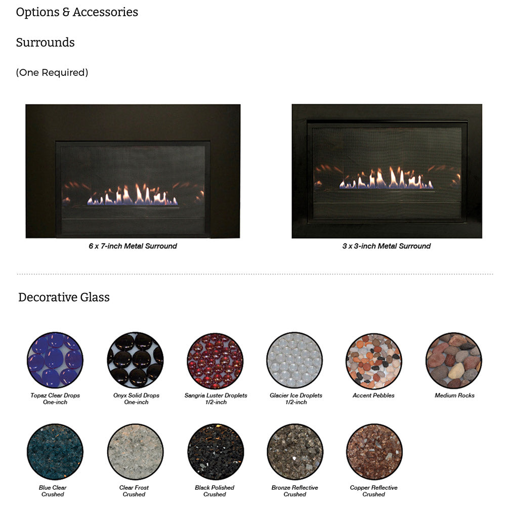 Fireplace insert options board showing surrounds and decorative glass sample circles