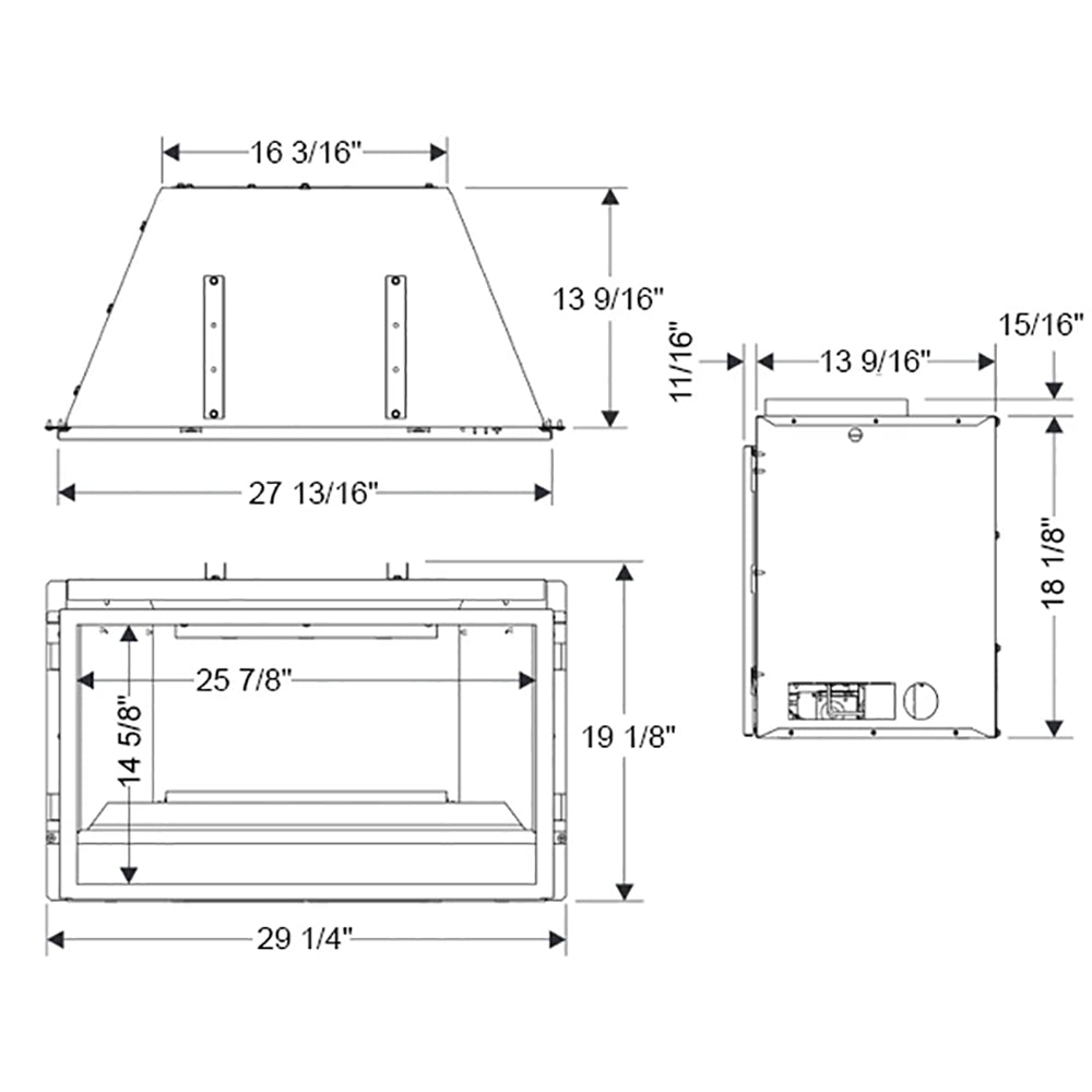 Fireplace insert dimension diagram with front and side views
