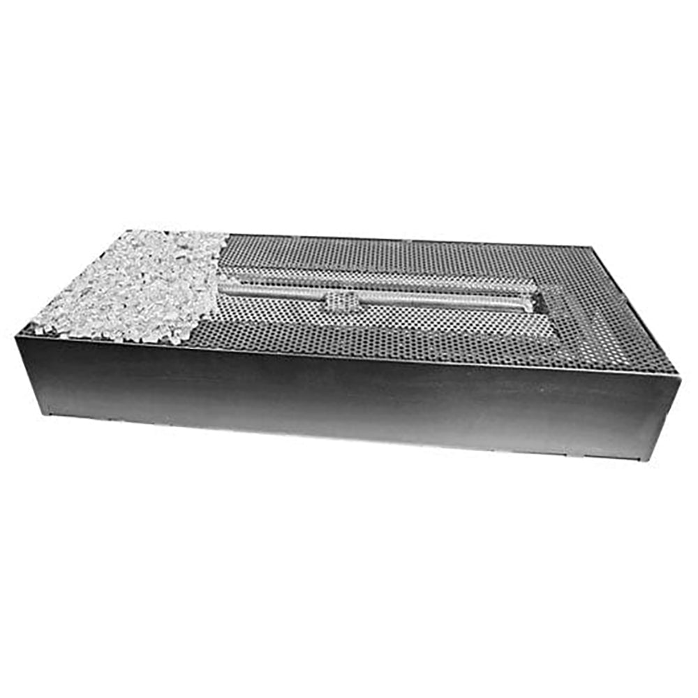 Linear drop-in gas burner system with metal tray and burner grate
