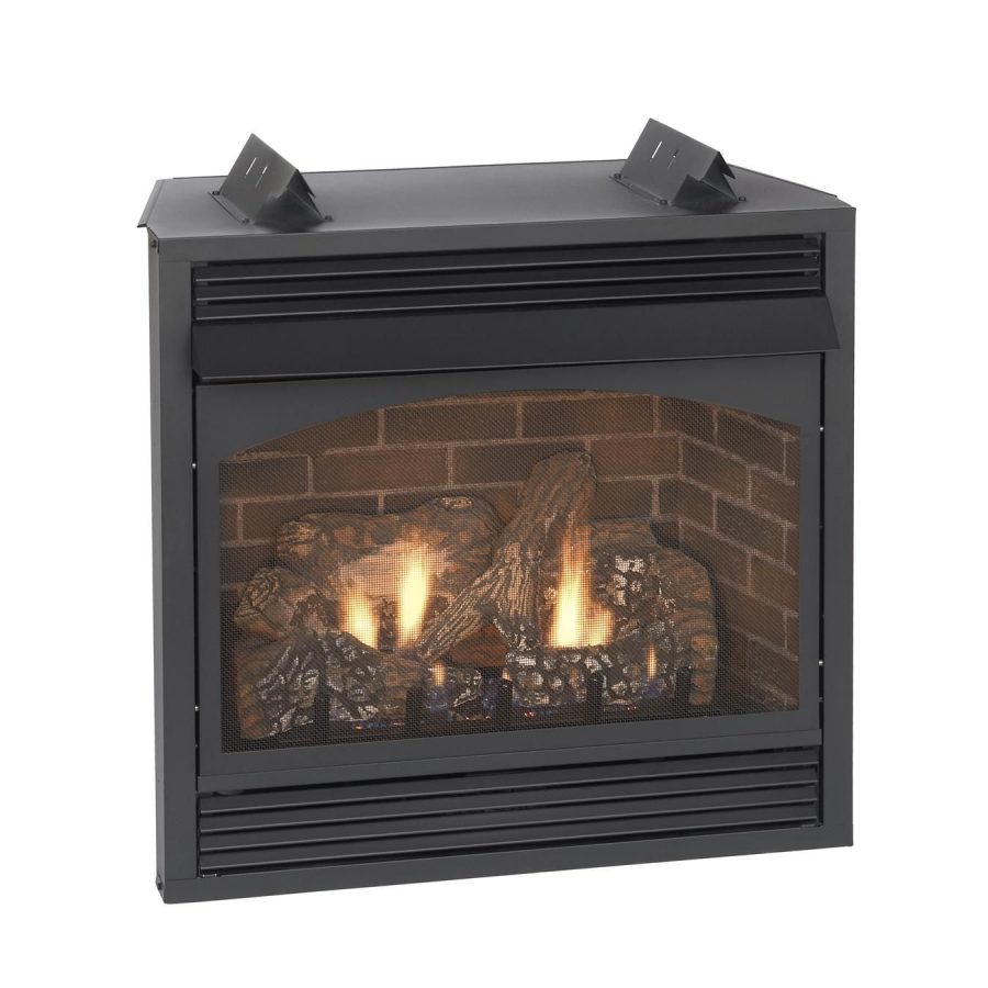 Black ventless fireplace with ceramic log set and glowing flames behind glass front