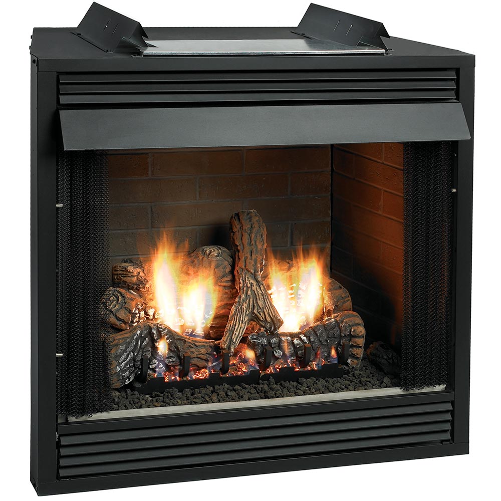 Black ventless firebox with gas log set and burning logs inside glass front