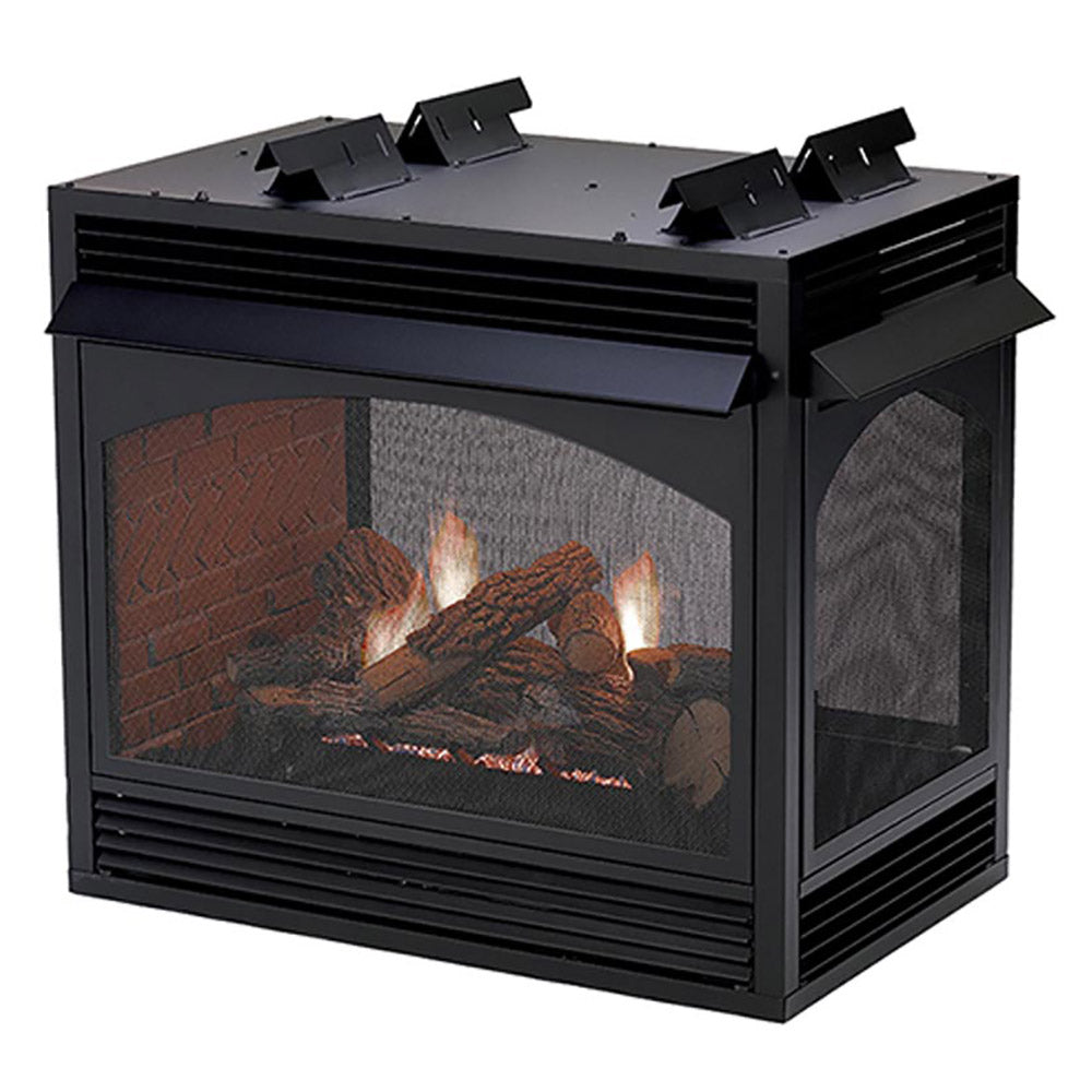 Ventless peninsula fireplace with glass front and black metal surround