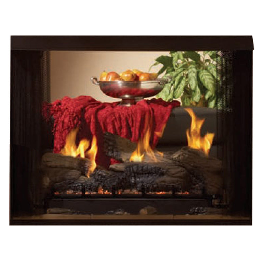 Ventless double-sided gas firebox with burning log set and flames