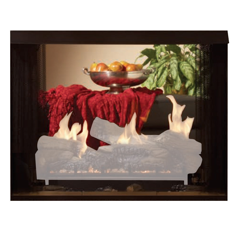 Ventless double-sided firebox with banded brick liner and burning flames behind glass