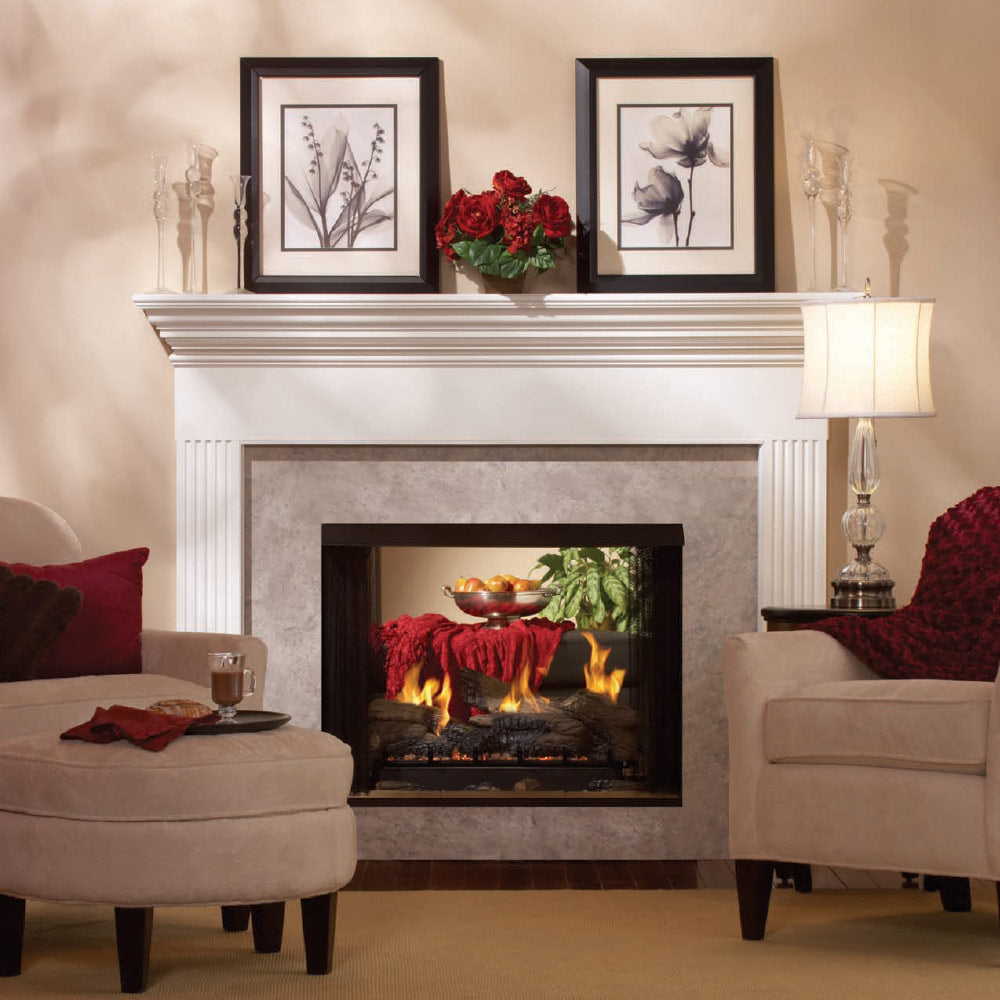 Ventless double-sided firebox in a fireplace opening with burning flames behind glass