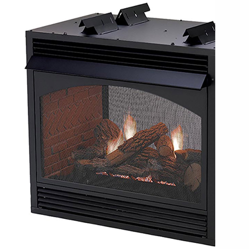 Double-sided ventless fireplace with black trim and glowing log set behind glass