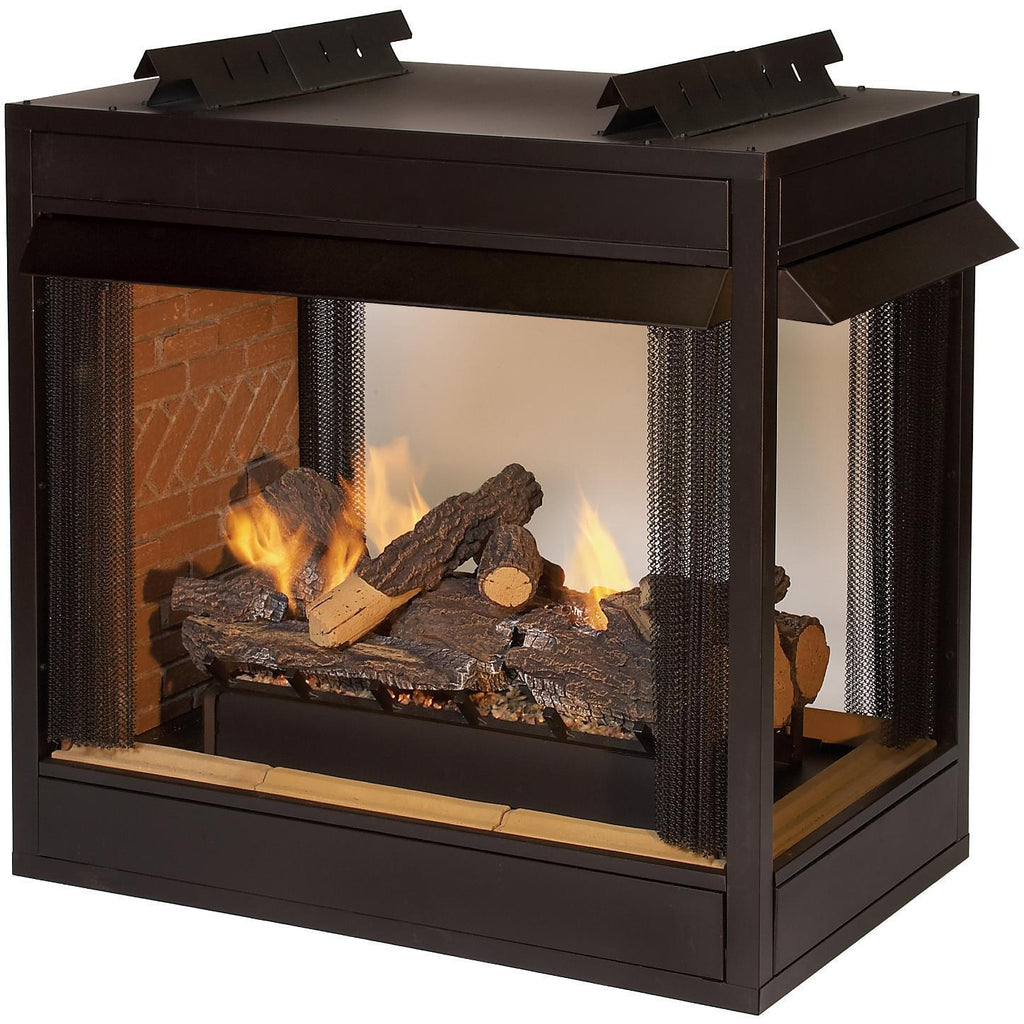Black ventless gas firebox with glass front and burning log set