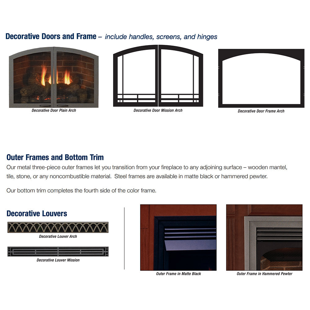 Decorative door and frame options with arched screens for fireplace access
