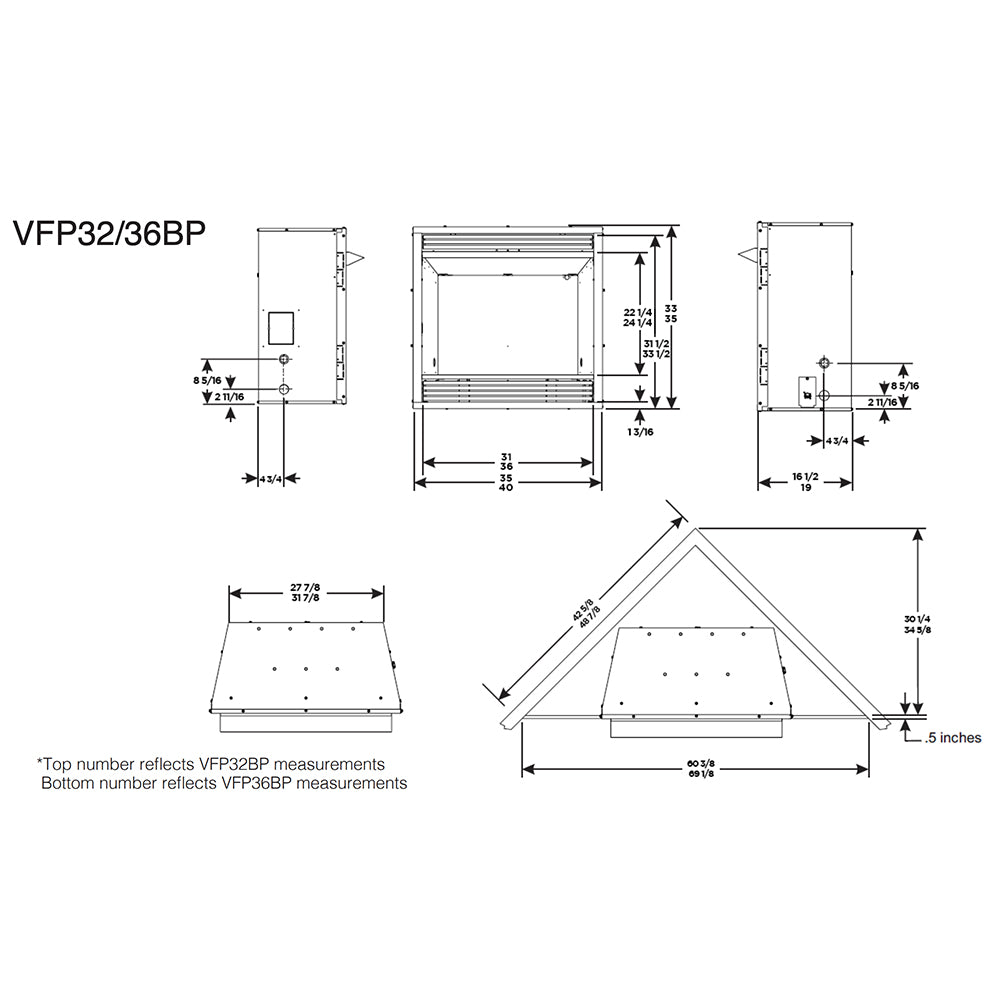 Fireplace installation dimensions diagram for VFPA32/32BP unit