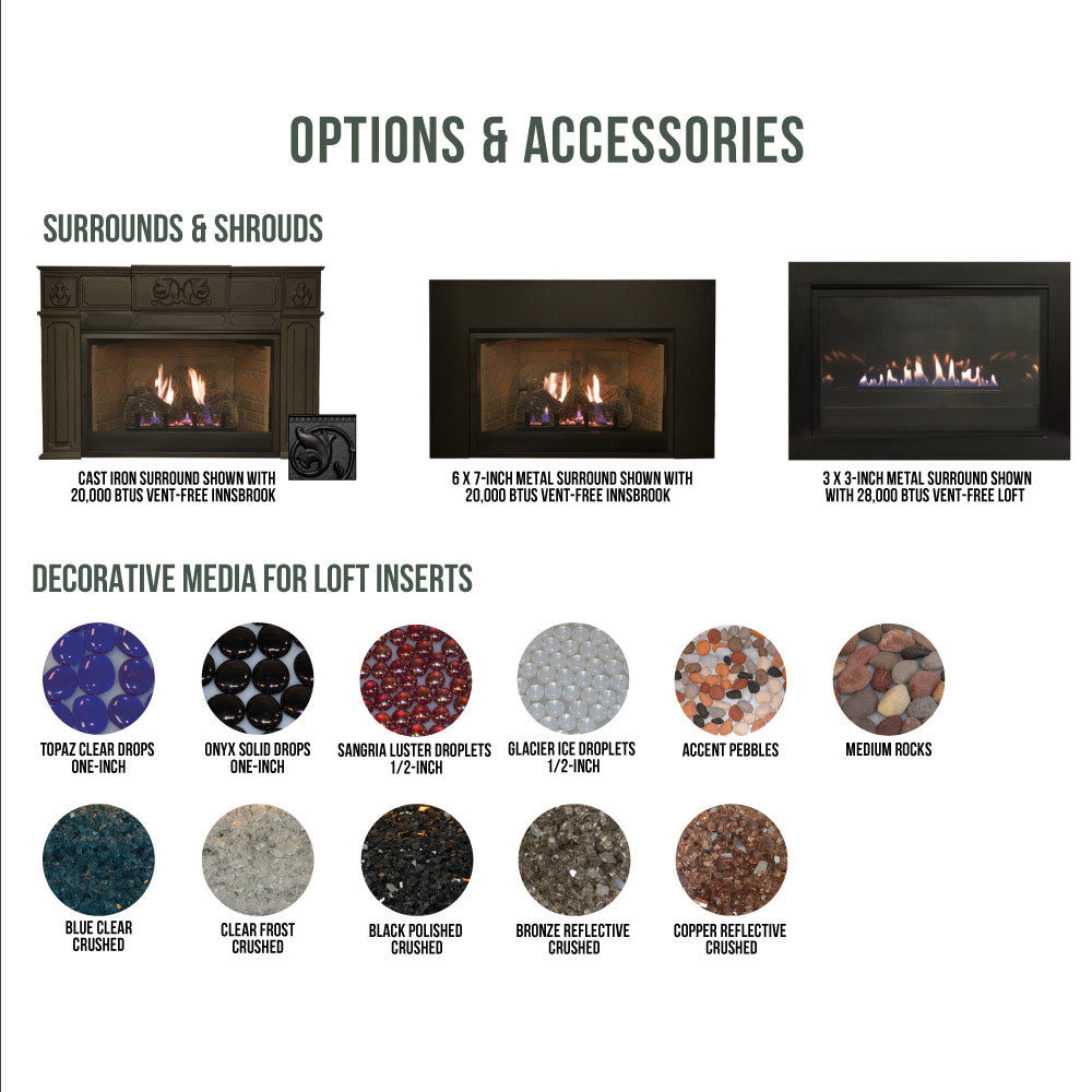 Fireplace insert surround and decorative media accessory options chart