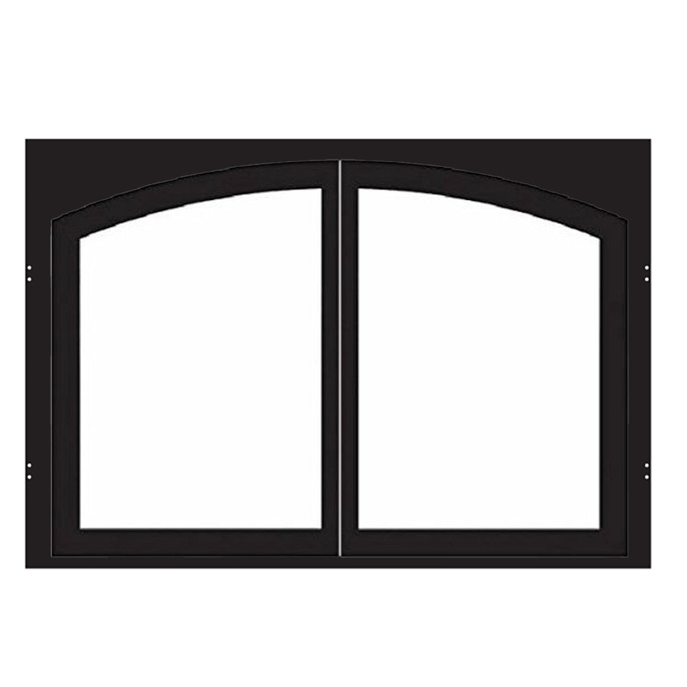Decorative firebox doors with arched frame and vertical center panel