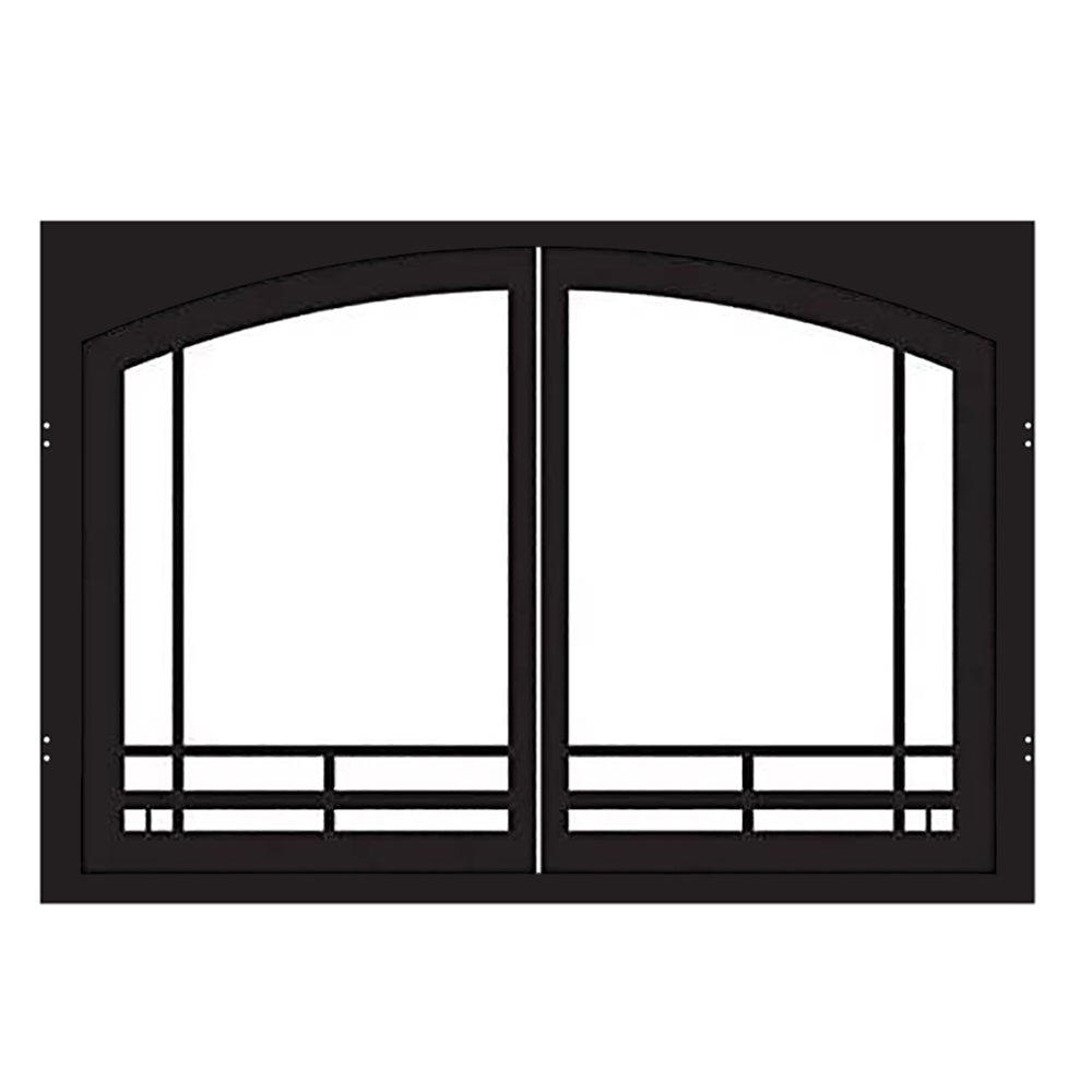 Decorative firebox doors with arched frame, vertical split, and lower bar details