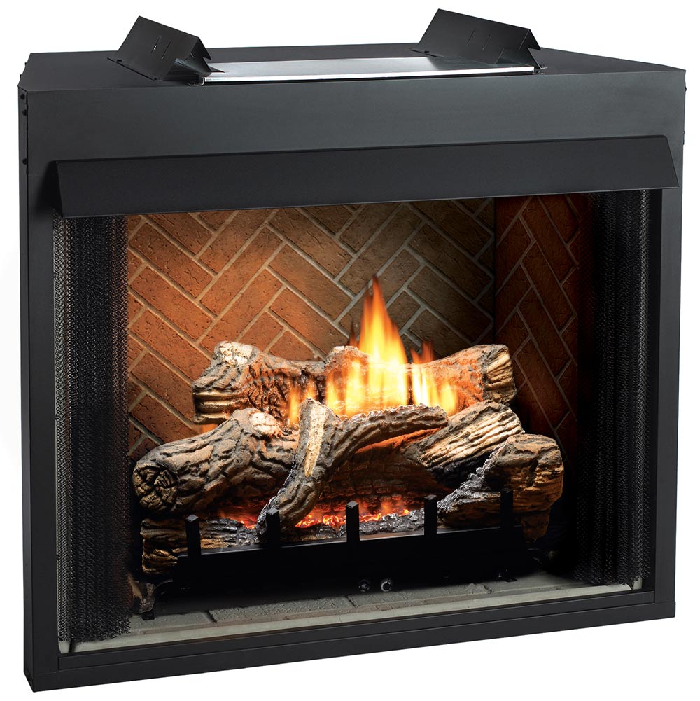 Ventless gas firebox with black surround, brick interior, and burning log set