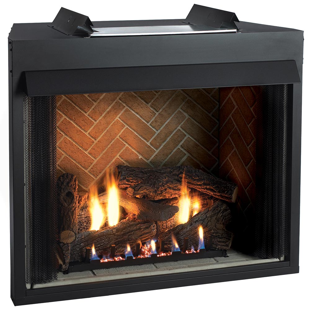Ventless gas firebox with glass front and glowing gas log set, black surround