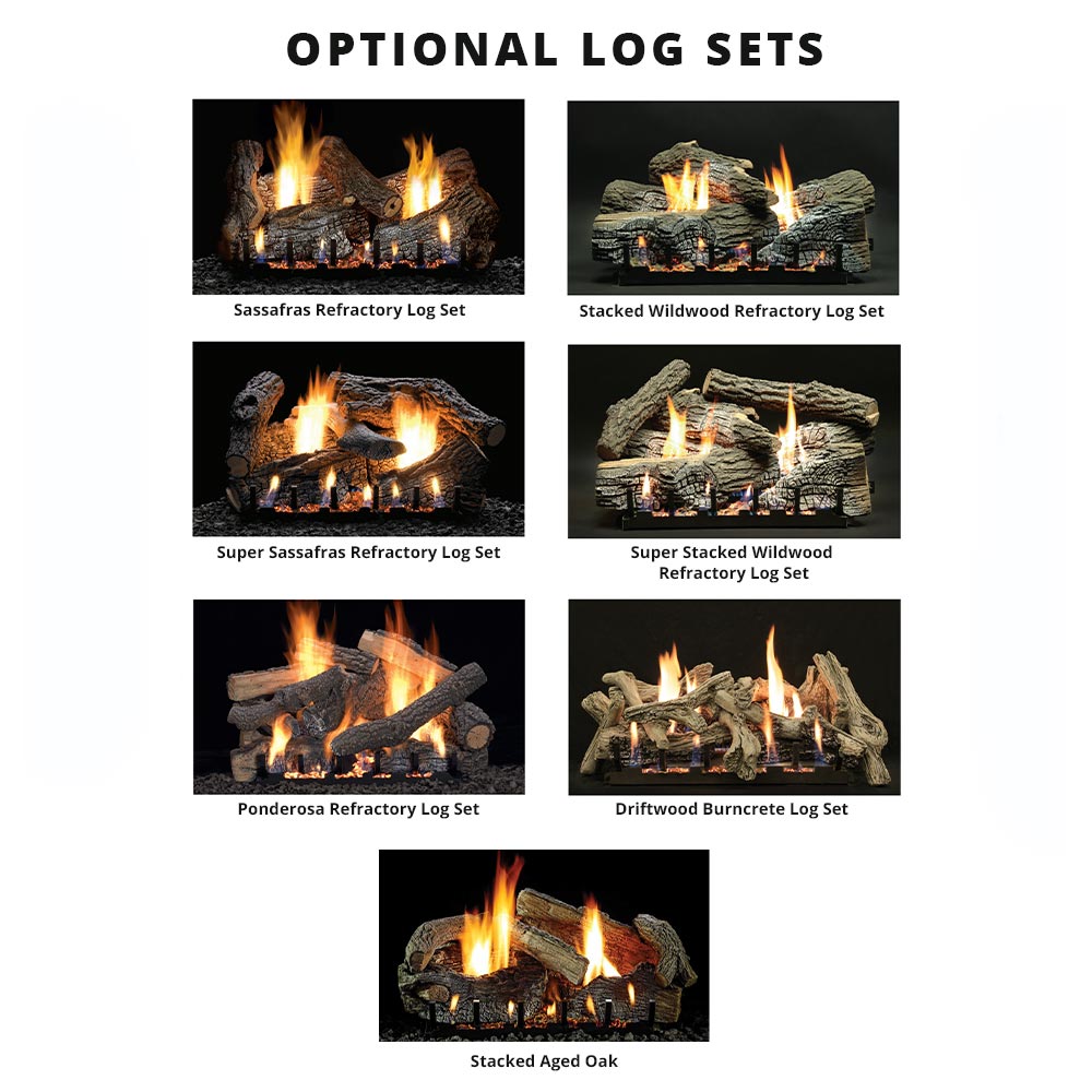 Refractory gas log set options with flames in different stacked log arrangements