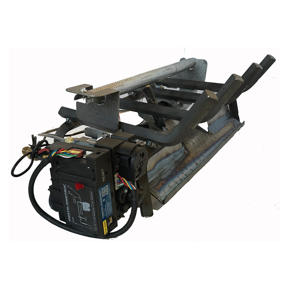 Vent-free electronic burner system with metal frame, black control box, visible wiring