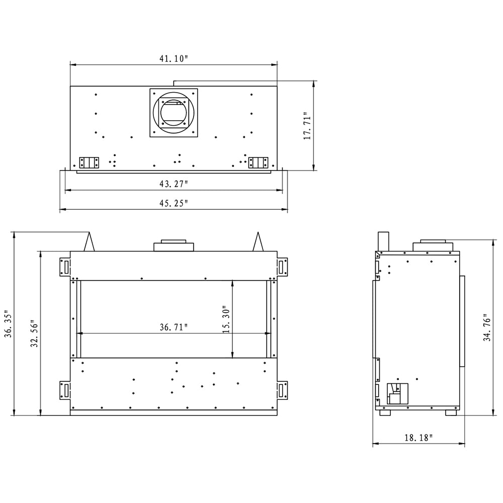 Built-in linear direct-vent gas fireplace diagram with venting and dimensions