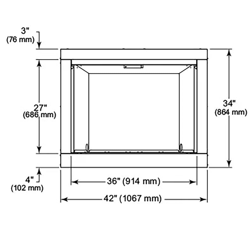 Outdoor gas fireplace dimensions diagram with 36 in width and 34 in height