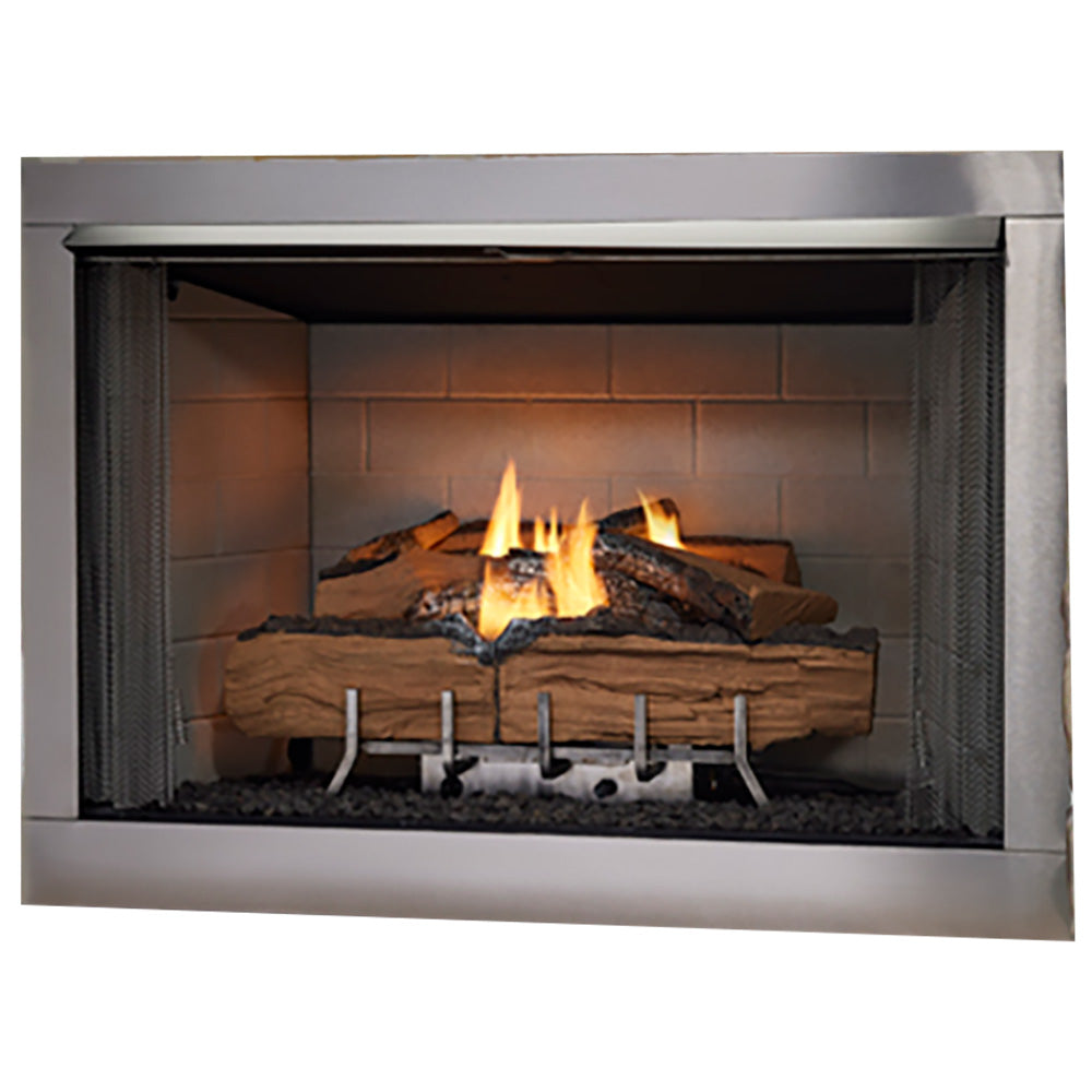 42-inch outdoor gas fireplace insert with stacked log set and visible flames behind mesh