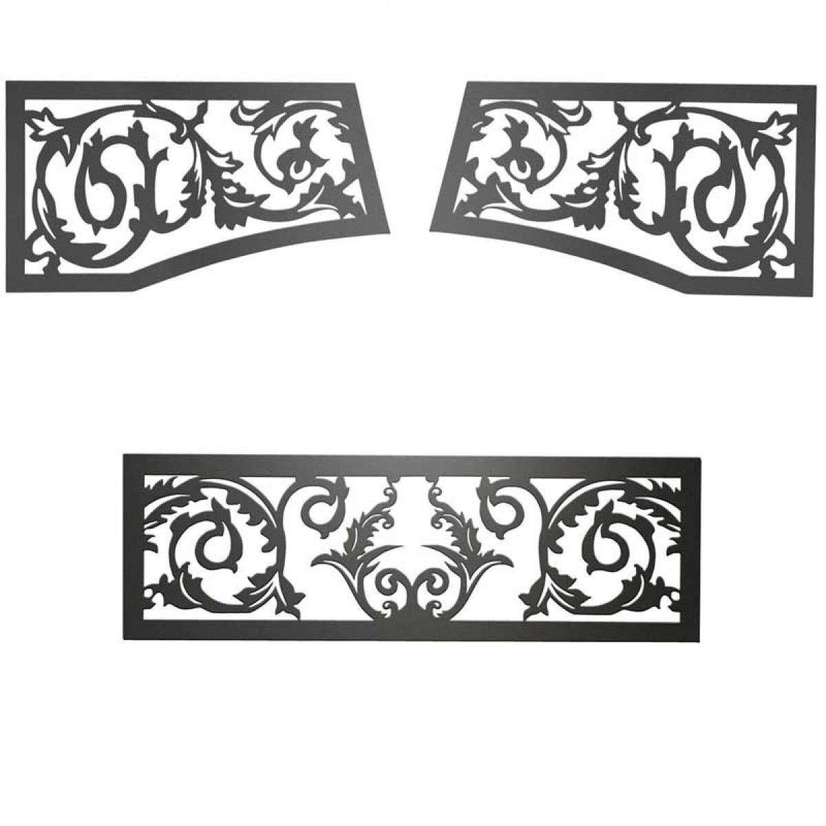 Black Victorian ornamental fireplace insets with scrolling floral cutout designs