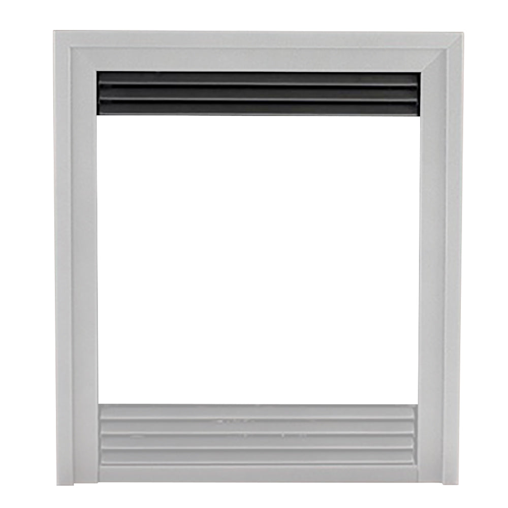 Hammered pewter metal louver set with horizontal slats and rectangular frame