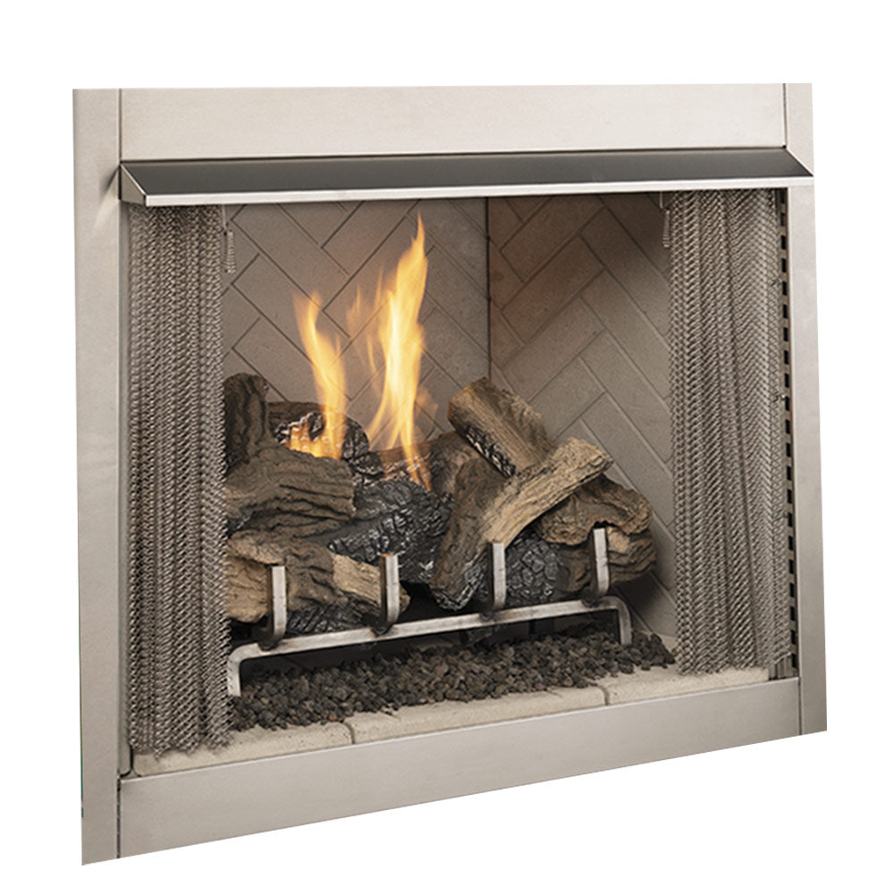 Vent-free outdoor gas fireplace with glowing flames and stacked log set