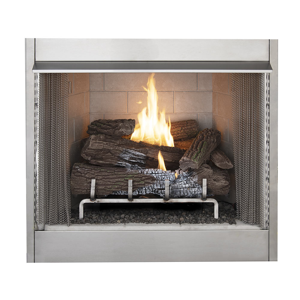 Vent-free gas firebox with burning log set, front opening with mesh sides