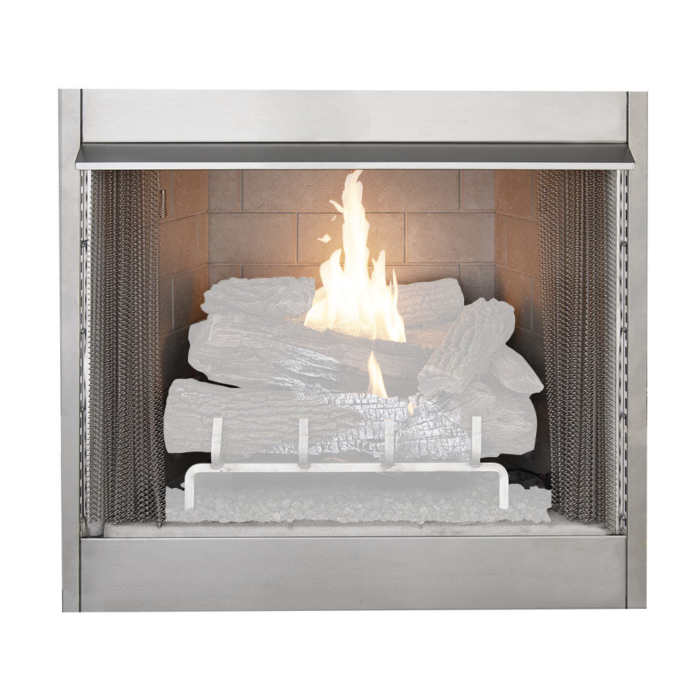 Outdoor vent-free firebox with stacked log bed and glowing flame in front opening