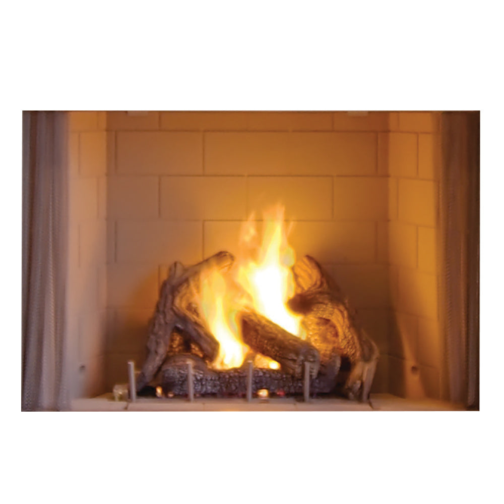 Superior VRE4300 series outdoor gas fireplace with decorative logs