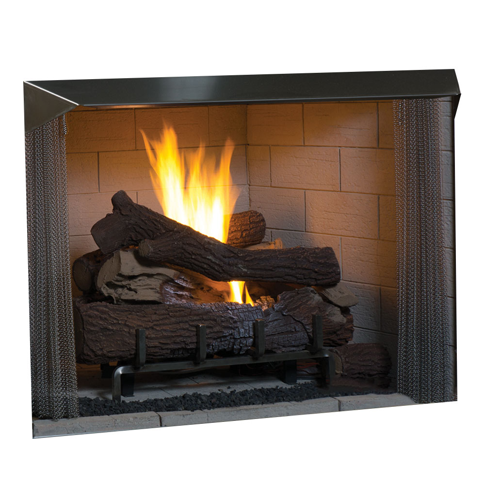 Black vent-free gas firebox with faux stone surround and burning log set inside