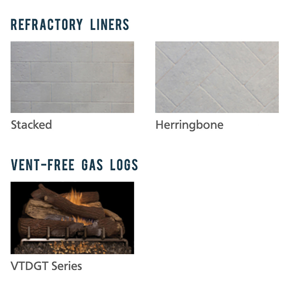 Product graphic showing refractory liners (stacked, herringbone) and vent-free gas logs