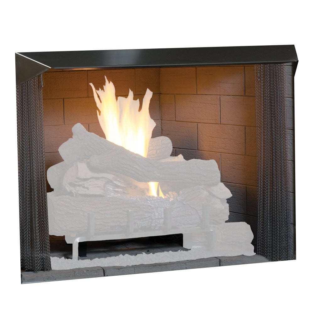 Vent-free outdoor firebox front view with burning gas logs inside, black steel surround.