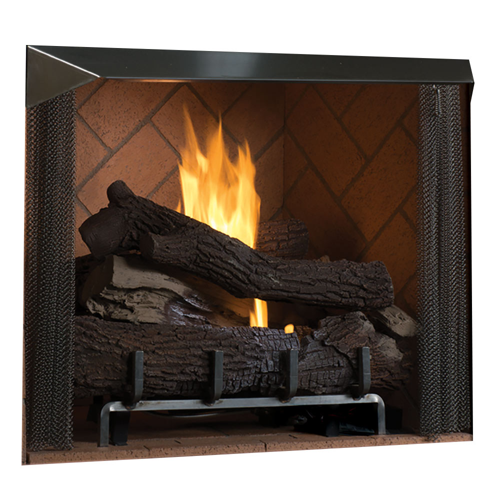 Outdoor vent-free gas firebox with black mesh side panels and lit log set inside
