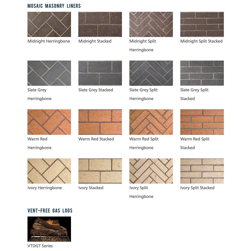 Mosaic masonry liner finish chart showing labeled patterns and vent-free gas log image