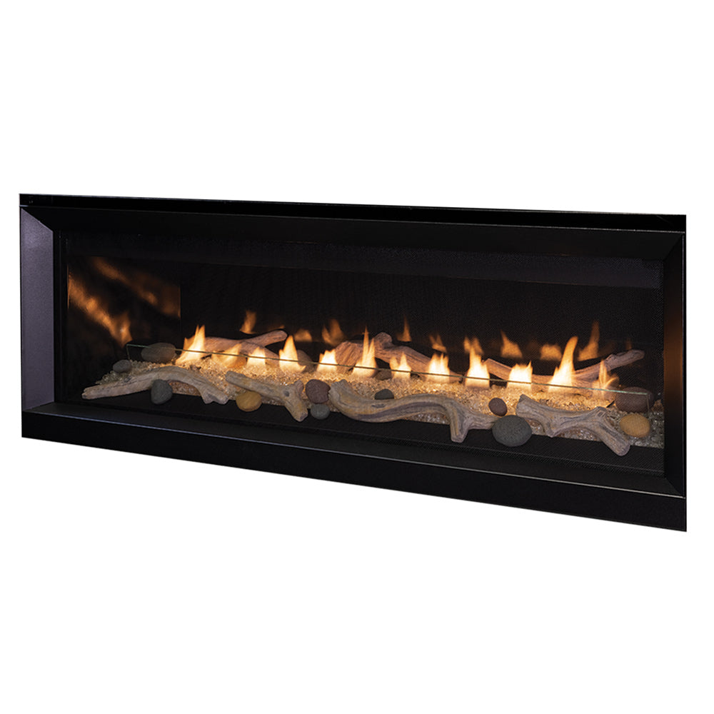 Vent-free gas fireplace with glowing flames and gray crushed glass media in black surround
