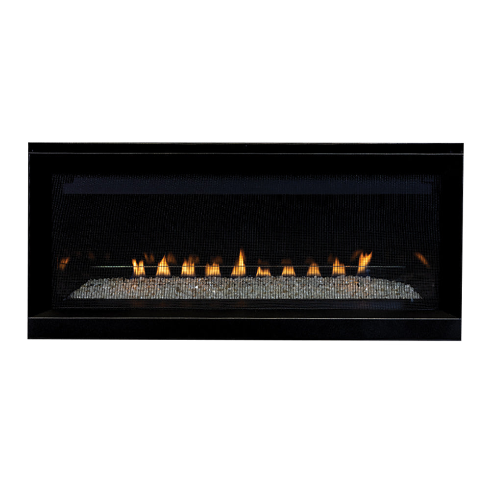 Vent-free gas fireplace with black surround, lit flames, and crushed glass media