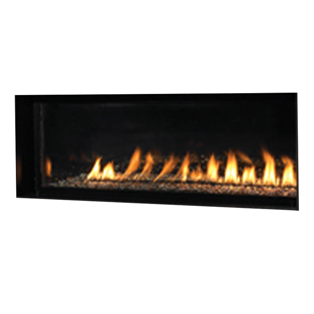 Vent-free gas fireplace with electronic ignition, glowing flames behind black glass