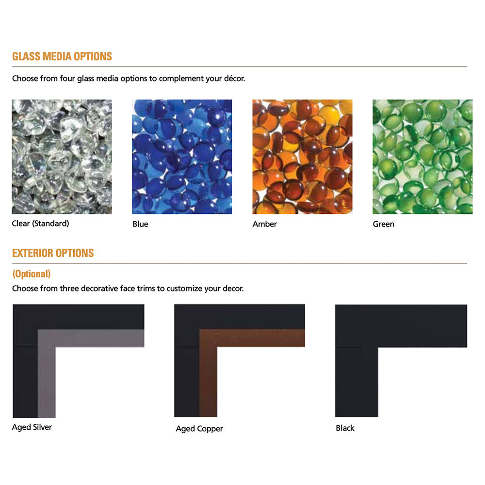 Glass media options and face trim colors: clear, blue, amber, green; aged silver, copper, black
