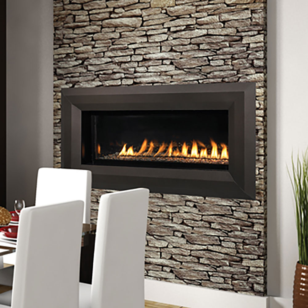Vent-free gas fireplace in black frame with flames burning in glass viewing panel