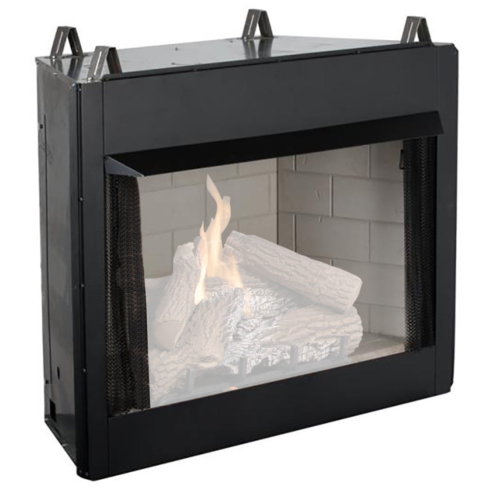 36-inch firebox with white refractory liner, open front with flames inside