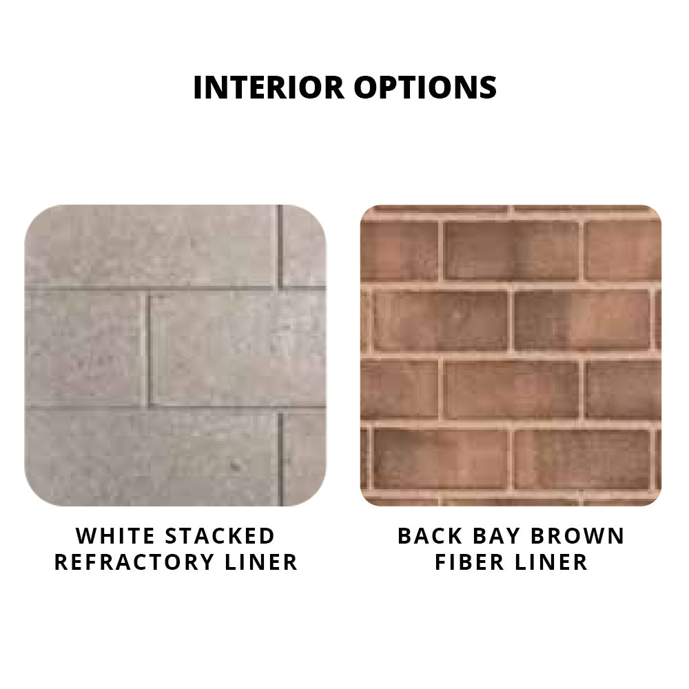Interior liner option samples: white stacked refractory liner and back bay brown fiber liner.