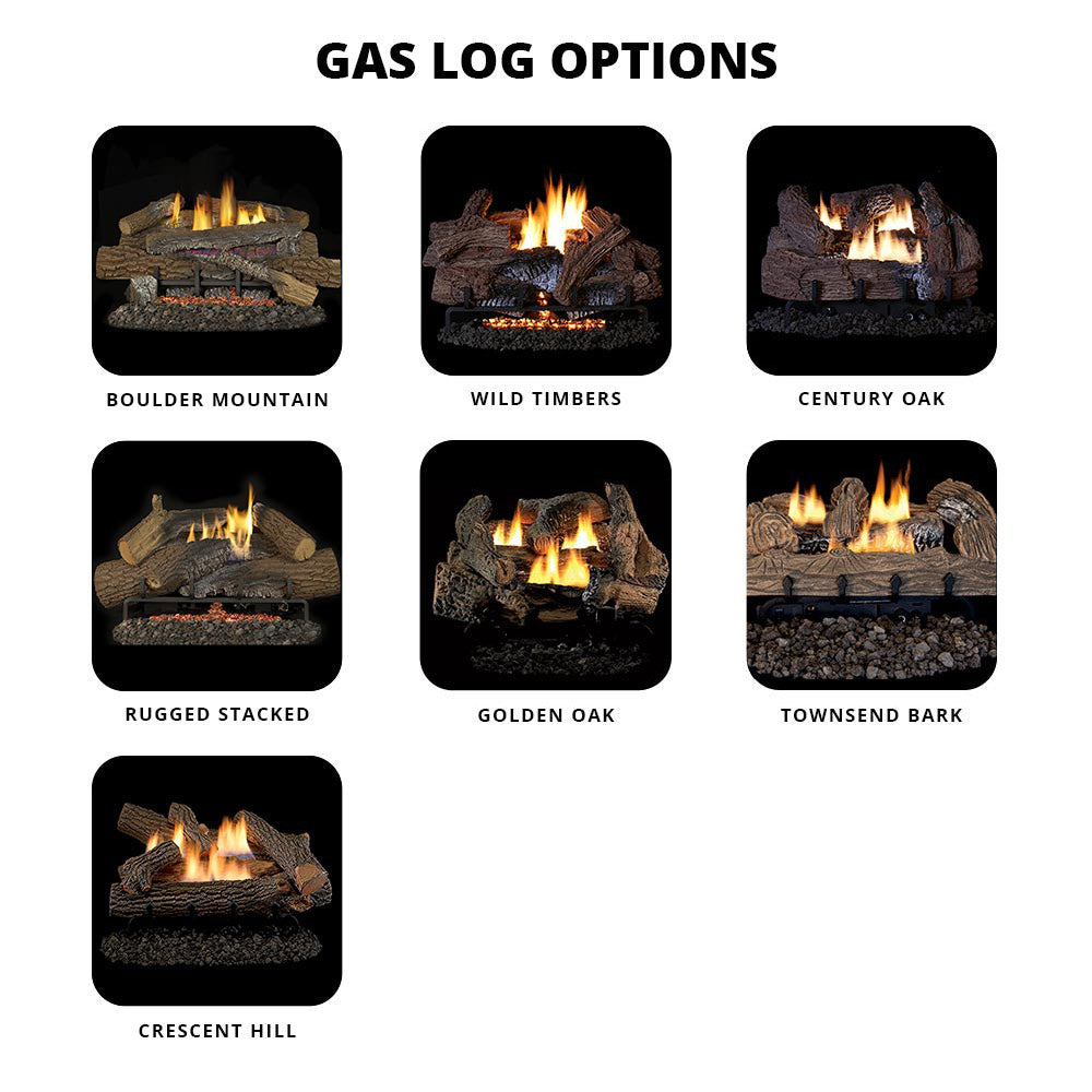 Gas log options chart with thumbnails showing different burning log styles