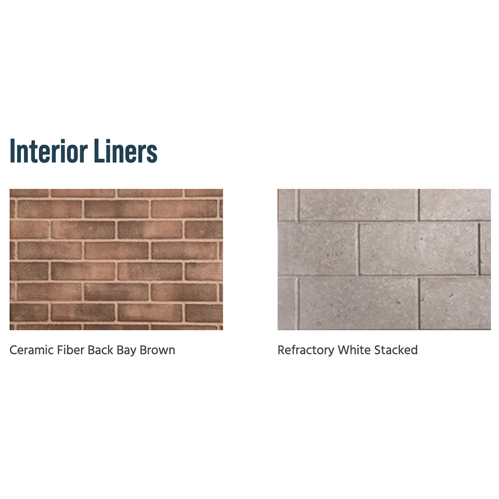 Interior liner panel samples: back bay brown brick and white stacked refractory